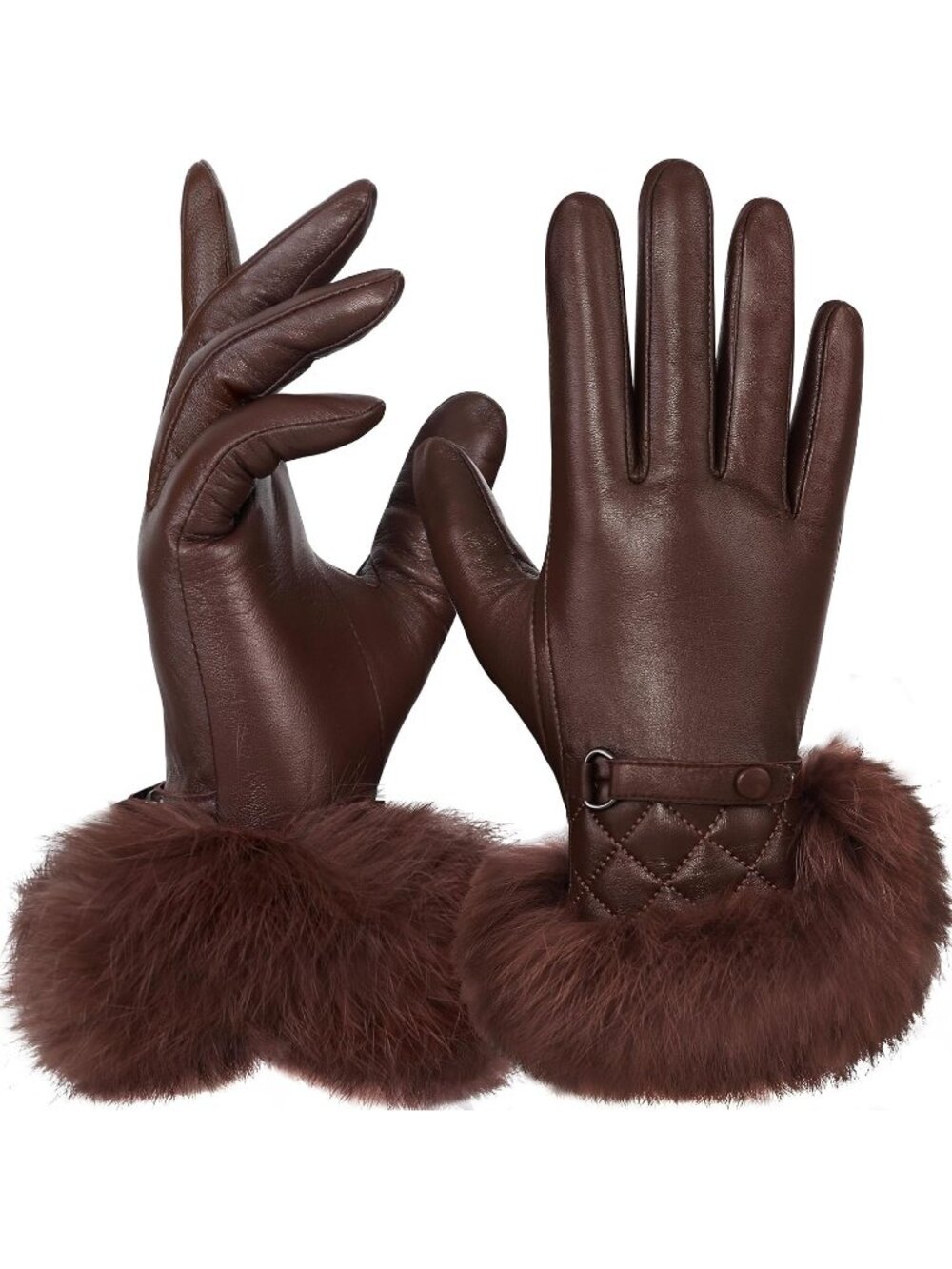 Women Chocolate Fur Trim Touchscreen Winter Rabbit Trim Winter Leather Gloves